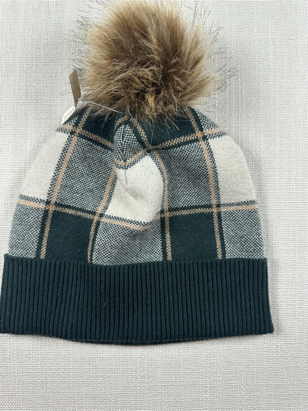 Plaid Tahari Pom-Pom Knit Beanie - Dark Green, Cream